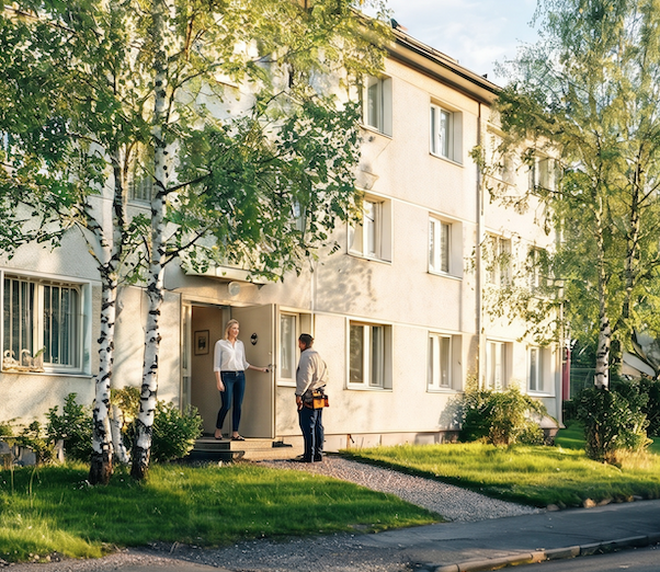 Håndverker ankommer en norsk boligblokk etter avtalt oppdrag