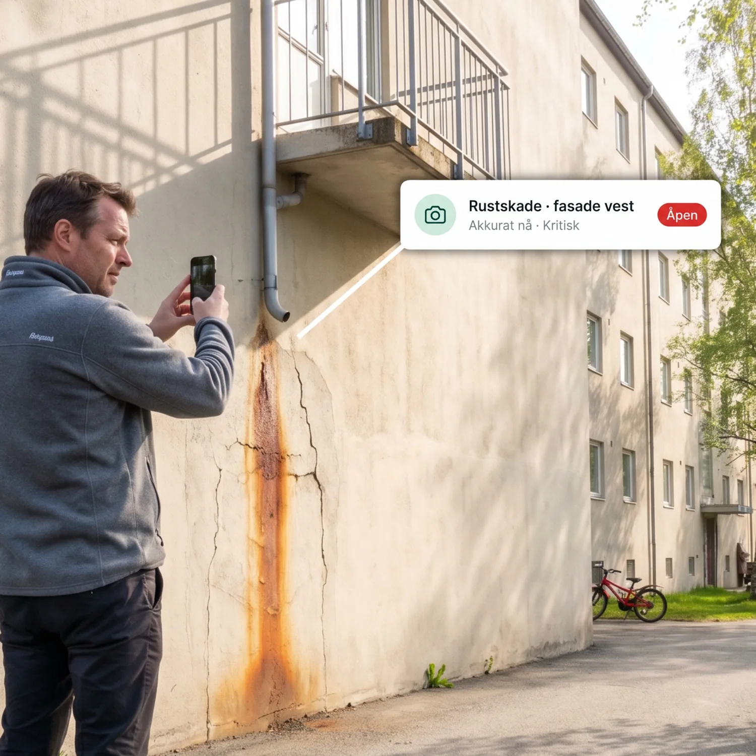 Styremedlem fotograferer avvik på fasaden av et norsk borettslag med Hemvar